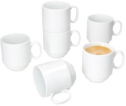 MamboCat Tommy - Set di 6 tazze da caffè, 220 ml, in porcellana bianca, con manico, per 6 persone, impilabili, per bevande calde, per tè, cacao, latte macchiato & Co