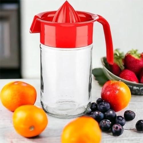 4All Manual Lemon Squeezer Non Electric Hand Press Reusable Fruit Juice Extractor BPA free Lemon Lime Orange Juicer Jug Glass Jar Base Handheld Citrus Press 660ml (Red)