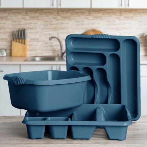TENLITE Set of 3 - Large Rectangular Washing Up Bowl with Dish Drainer & 7 Compartments Cutlery Tray for Home Kitchen Utensils - (Navy)