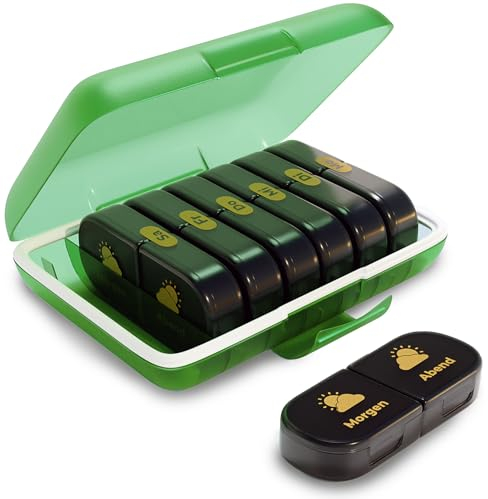 OWeise Tablettenbox Set: Große wöchentlicher Pillenbox für 7 Tage mit 2 Fächer + Kleine Pillendose mit 3 Fächer für die Reise.