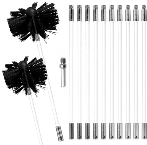 MOCNT Kaminbürste Stange Set Ofenrohrbürste Reinigungsbürste Schornsteinbürste Schornsteinfegerbesen Kaminbesen 12 Flexiblen Stangen 1 Bürstenkopf 150mm 1 Bürstenkopf 100mm