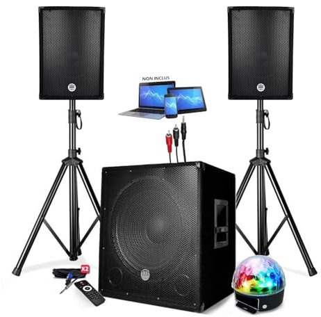 Pack de sonido altavoz + SUBWOOFER 1800 W USB Bluetooth + PIES + CABLES Y BOLA LED ofrecidos - PA DJ SONO MIX Noche disco móvil