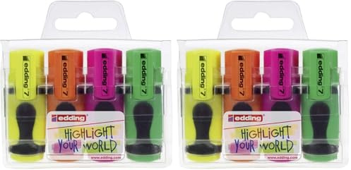 Edding 4 mini evidenziatori - per uno stile luminoso - tascabile -ideale per bimbi - punta scalpello 1-3mm - Colori verde fluo, giallo fluo, arancio fluo, rosa fluo (Confezione da 2)