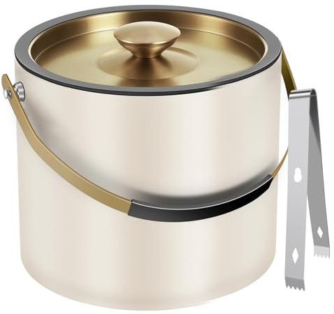 3.2L Seau à Glace Isotherme Moderne avec Couvercle en Silicone, Pelle, Passoire, Seau à Glace en Acier Inoxydable Double Paroi pour Fêtes et Bar à Cocktails, Idéal pour Cadeau(Blanc Perle)