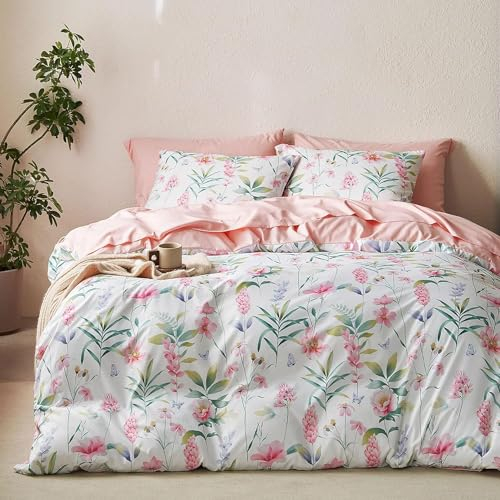 Sacebeleu Bettwäsche 135x200 cm Rosa Weiß Blumenmuster Wendebettwäsche Set Microfaser Pflanzen Blätter Bettbezug mit Reißverschluss und 1 Kissenbezug 80x80 cm