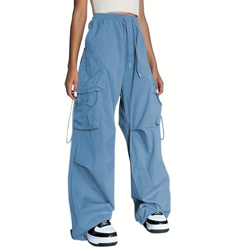 Xinor cargobyxor dam Y2k hög midja säckig parachute byxor med fickor tonåring flickor breda ben byxor streetwear fritidsbyxor, #02 Blå, M