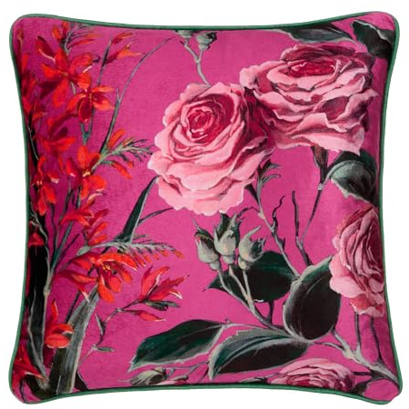Laurence Llewelyn-Bowen Luxuriöses Samtkissen mit rosa Blumenmuster, 43 x 43 cm, wendbares Streifen-Design, gepolstert mit Paspelrand, Rosenblüten