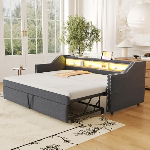Merax Schlafcouch Ausziehbar 90/180 x 190 cm, Klappsofa mit LED-Licht und USB-Buchse, Couch Bett 2 Sitzer mit Schlaffunktion, Leinenstoff, Dunkelgrau (Ohne Matratze)
