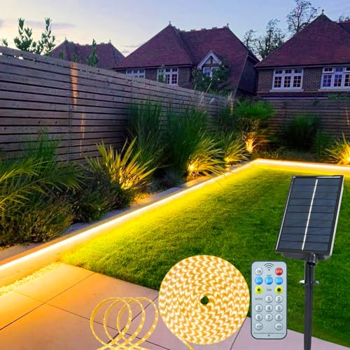 echosari Solar LED Strip Lights Outdoor, 5M 320 LED Lights Strip with Remote 8 Modes Solar Garden Lights Outdoor Waterproof Rope Light for Fence Porch Gazebo Trees Backyard Decor(Warm White)
