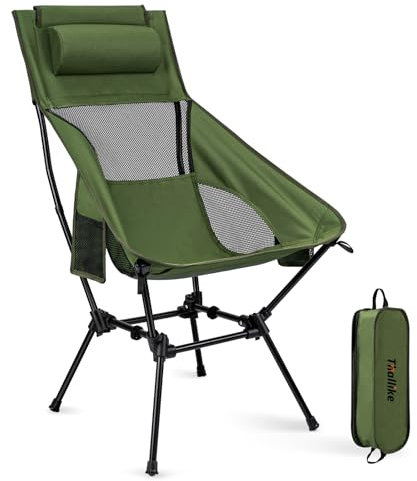 Thallike Campingstuhl Hochlehner Faltbar 150kg, Ultraleichter Tragbar Klappstuhl mit Kopfstütze 2 Seitentaschen, Kompakter Angelstuhl Klappbar mit Tragetasche für Camping, Strand, Outdoor und Wandern