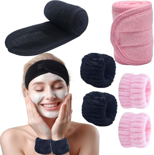 BTIYMU 6 Stück Abschmink Haarband Kosmetik Handgelenk Waschband Set, Spa Stirnband Skincare Frottee Haarbänder Damen, Make Up Haarband Klettverschluss Haarreif Schminken Beauty Headband Schwarz Rosa