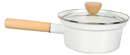 Marmite Chauffante en Émail Blanc avec Poignée en Bois