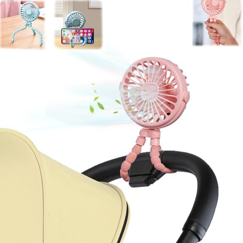 Portable Pram Fan Clip, Mini Portable USB Rechargeable Fan with 3 Speeds & Night Light, 800mAh Battery. Ideal for Car, Stroller, Bike & Camping (Pink)