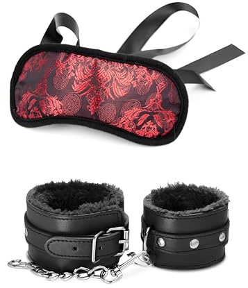 Padded Handcuffs for Grownups Bedroom Couple Handcuffs Black - Silk Eye Mask for Women Red