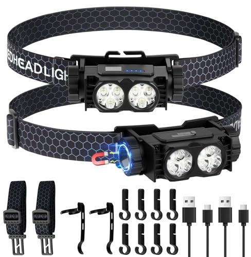 AXFEE Lampada Frontale LED, 2PZ Super Luminosa 600 Lumen Torcia Frontale Led Ricaricabile, Batteria 1500mAh con 3 Modalità di Luce, Impermeabile Torcia da Testa per Corsa, Pesca, Campeggio, Ciclismo
