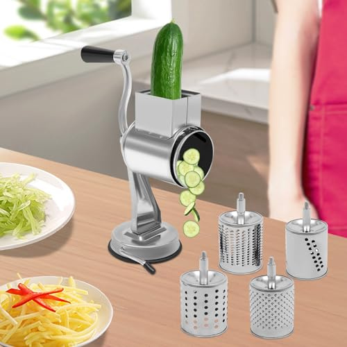 Rallador giratorio de acero inoxidable con 5 cuchillas (una ya está instalada) para picar y cortar plata Altura total 22,4 cm