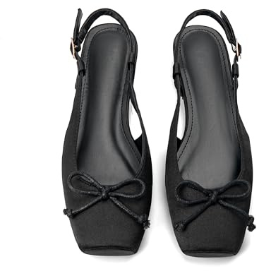 Lhamo Latso Women's Ballet Flats Slingbacks Square Toe Bow Knit Dressy Flat Shoes with Ankle Buckles Satin