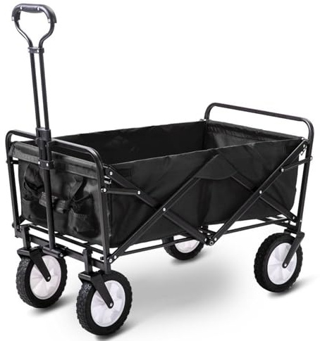 Chariot de jardin pliable robuste avec poignée télescopique, capacité de 150 kg, 4 pneus en caoutchouc durable, cadre en acier, rangement et nettoyage faciles, parfait pour le jardinage