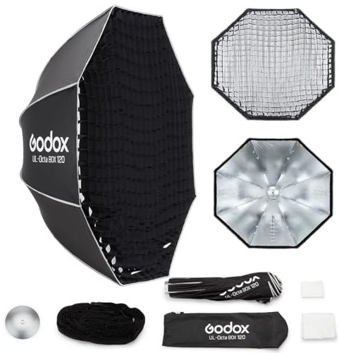 Godox Softbox UL-Octa120 47,2/120cm Achteckige Softbox, Schnellverschluss-Schirm-Design Bowens-Halterung Softbox mit Gitter und Reflektor, für professionelle Videobeleuchtung