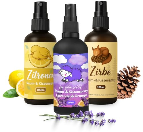 Kissenspray & Raumspray 3er-Set (3 x 100 ml) – Lavendel-Orange, Zirbe & Zitrone – Naturrein mit ätherischen Ölen – Frisch & entspannend – Aromaspray für Schlafzimmer, Zuhause & Auto