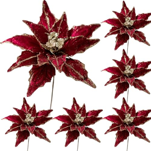 6 st konstgjorda julstjärnor blommor 28 cm julblommor med glitterpulver för julgransdekorationer, nyårsfest heminredning konstgjorda helgdekorationer, vinröd