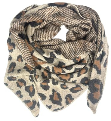 kennydoo Damen Dreiecksschal SW175 Leo – XXL Schal gestrickt mit Leopardenmuster & Herzdetails – weich & warm – Herbst & Winter Accessoire (milchkaffee)