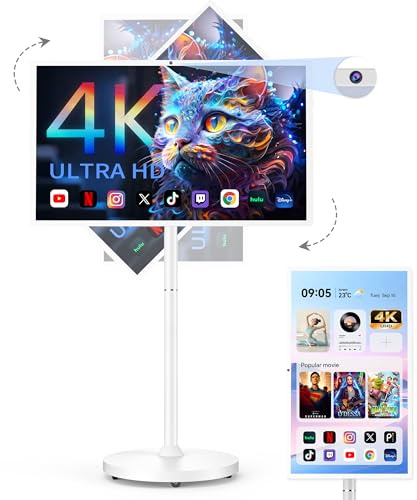 Bisprico 32 Inch UHD 4K Portable Smart TV on Wheels, Qualcomm Snapdragon 710 CPU, Built-in 8-10H Battery, 8+128GB, Android 14 OS Touch Screen Monitor, 8MP Camera, Full Swivel Rotation, Remote Control