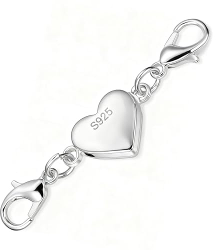 925 Sterling Silver Heart Lobster Clasps, 4.5cm Magnetic Silver Heart Shaped Bracelet Necklace Extender, Double Lobster Clasps Extender for DIY Jewellery Bracelet Necklace