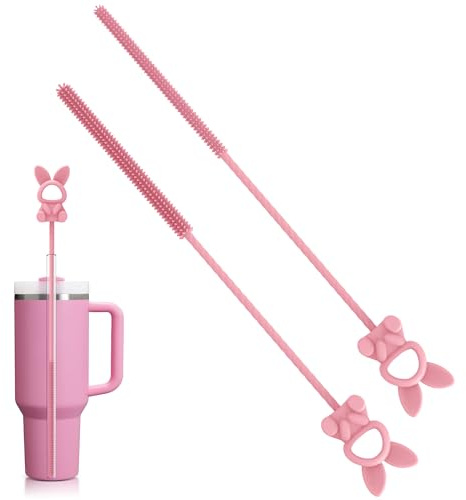 Silikon sugrör borste, 6 mm + 9 mm sugrör rengöringsborste, flaskborste, kompatibel för glas metall plast sugrör Stanley Cup (2 stycken, kanin, rosa)