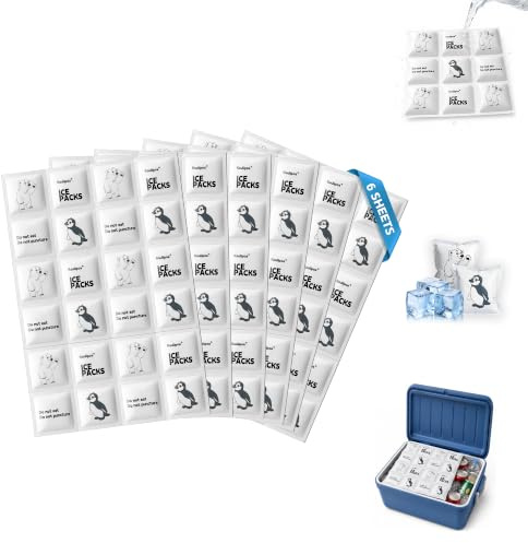 Kaulipoa Ice Packs for Cool Bags & Cool Boxes, 6 Sheets Cut-to-Size Flexible Freezer Blocks, Slim Reusable Ice Sheets for Lunch Bags, Picnics & Camping, No-Leak Flat Cool Packs (144 Cells)
