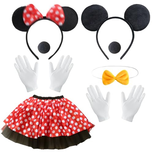 Orizizhic 8 Pcs Min Mouse Costume for Girls Women, Cute Fancy Dress Up Costume for Adult with Mouse Ears Headband Nose Red Tutu Skirt Gloves Bow Tie for World Book Day Cosplay Easter Christmas Party