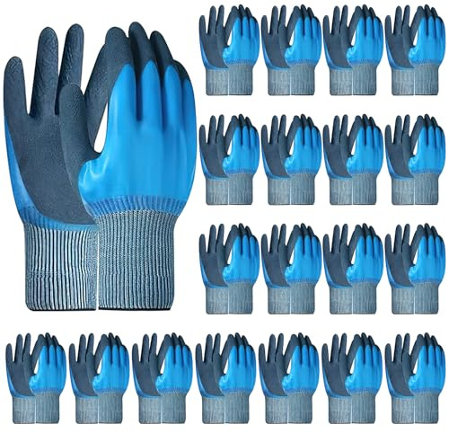 YFNVH 20 Pairs Waterproof Work Gloves, Latex Coated Grip Safety Gloves Bulk | Heavy Duty Garden Gloves for Construction, Gardening, DIY, Landscaping, Repairs, Warehouse Work and Outdoor Tasks, Blue