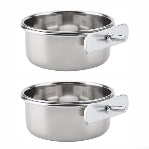 Confezione da 2 ciotole per uccelli in acciaio inox con staffe per pappagalli, canarini, criceti, in metallo antiruggine, per cibo e acqua, color argento, diametro foro singolo 10 cm
