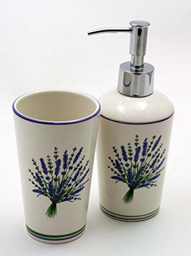 Flair Bad Accessoires Set 2 teilig Keramik Creme Lavendel Seifenspender und Zahnputzbecher