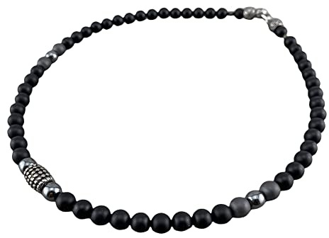 kurze Halskette Kette Rundkette aus Perlen Onyx Hämatit matt schwarz für Herren Männer Schmuck Biker Surfer Rocker Business-Style Edelstahl K82