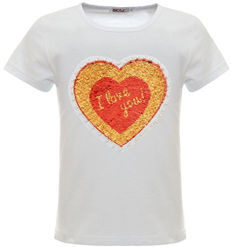 BEZLIT Mädchen Wende-Pailetten Herz ILY T-Shirt Kunst-Perlen Oberteil 22544 Weiß Größe 140
