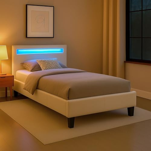 CARO-Möbel Polsterbett Mandalay mit LED Beleuchtung Einzelbett Lederbett 90 x 200 cm mit Lattenrahmen, Lederimitat in weiß