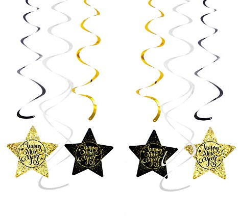 Oblique Unique® Happy New Year Wirbel Spiral Deckenhänger Girlande Set mit Sternen für Silvester Neujahr Party Feier Deko Schwarz Silber Gold