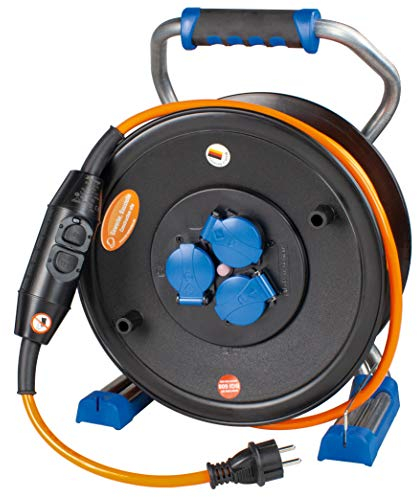 as - Schwabe PRCD-S Xperts Doppelrohr Kabeltrommel 40 m H07BQ-F 3G2,5, Personenschutz-Zwischenschalter, 230V/16A, 3 Schutzkontaktsteckdosen mit Klappdeckel, USB Port, Made in Germany, Schwarz, 23829