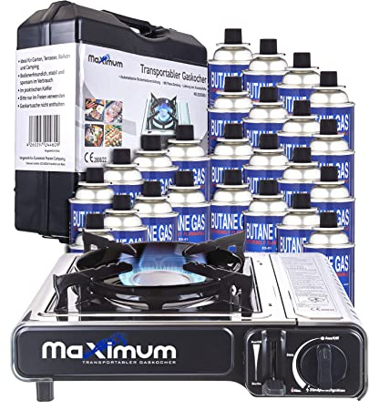 MaXimum Premium Edelstahl Gaskocher mit Tragekoffer + 24 MaXimum Gas Kartuschen