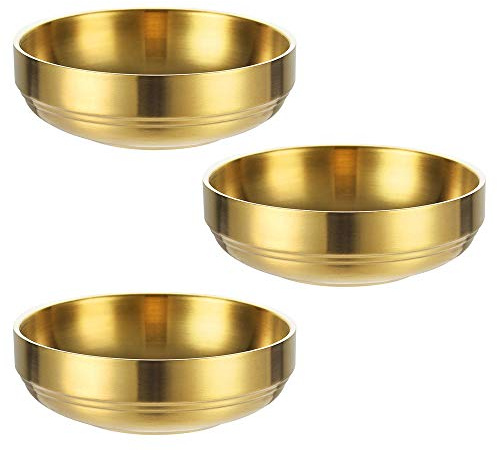 Lot de 3 grands plats à sauce ronds à double étage en acier inoxydable, plateau à condiments, assiette à sauce, bols à sushis, plateaux à apéritifs, plats à condiments(12 cm, doré)