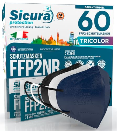 60 Mascherine FFP2 Certificate CE Colorate Nere Bianche e Blu (20+20+20) Made in Italy SICURA Protection BFE ≥99% Mascherina FFP2 vera Marcatura EFFETTO PULITO