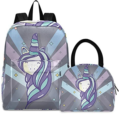 KAAVIYO Zauberstern Einhorn Büchertasche Lunchpaket Set Schulter Rucksacks Bookbag Kinderrucksack Isolierte Lunchbox-Tasche für Mädchen Jungs