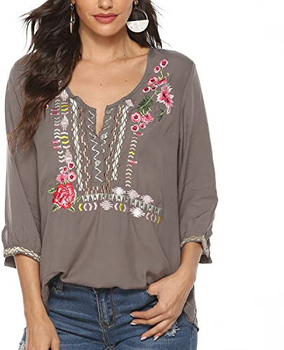 Seasonal Blusa bordada tradicional mexicana para mujer, estilo hippie, campesina, cuello en V, manga 3/4, informal, holgada, Gris-049, S