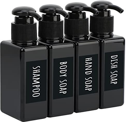 Segbeauty Quadrata Dosatori per Sapone Liquido, 4 Pezzi 100ml Dispenser Nero per Bagno Cucina, Flacone Ricaricabile con Etichetta Impermeabile e Scritta a Mano, Bottiglia a Pompa per Shampoo