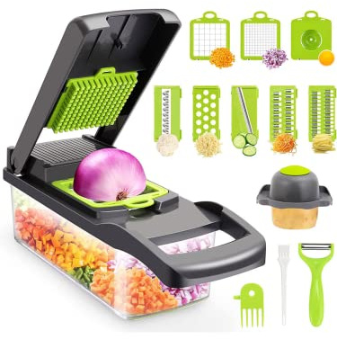 Célibstore-Coupe Légumes- Mandoline 12 en 1- Découpe légumineuses 33cm x 12,5 cm x 12cm 7 Lames Interchangeables Pour Trancher Découper Râper Fruits Légumes-Coupe Frites (Gris)