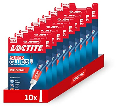 Pack de 10 unidades Loctite Super Glue-3 Original. Pegamento Universal Multimaterial y Triple Resistencia, Adhesivo transparente. Pegamento de Cianocrilato Instantáneo