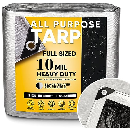 GZBtech Heavy Duty Tarp 15x25FT 10Mil, Waterproof Thick Silver&Black Plastic Tarpaulin Cover for Outdoor Patio Garden Use, UV Resistant,Poly Tarps for Trailer Car Truck Bike Pool Firewood
