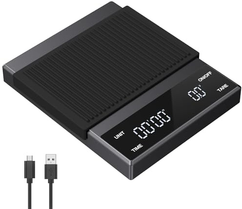 Brifit Balance de Cuisine 3kg/0.1g, Balance Cafe Numérique avec Minuteur, Balance de Precision Rechargeable, USB, Écran LED, Tare, Arrêt Automatique, Balance Espresso, Noir