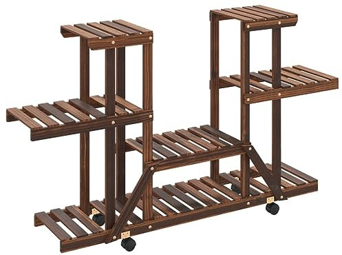 Blumenständer Pflanzenständer aus Holz mit Rollen, Pflanzenregal Innen Außen Holzregal Blumenregal Blumenhocker Ecke Pflanzentisch für Wohnzimmer, Balkon, Garten, Büro, 110x25x78 cm